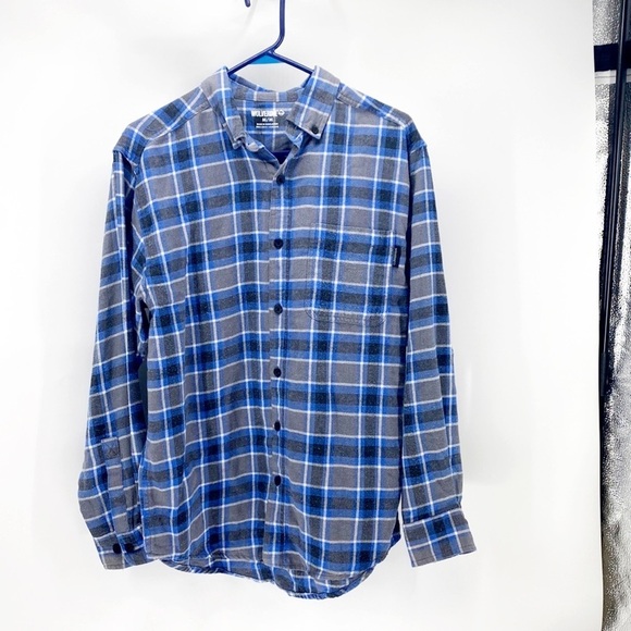 Wolverine blue grey black plaid flannel button down work wear outdoor Gorpcore - Picture 1 of 6